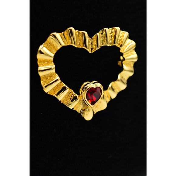 Vintage Heart Pin Brooch Red Rhinestone Crystal Gold Statement 1980s Bin1 - Picture 3 of 11